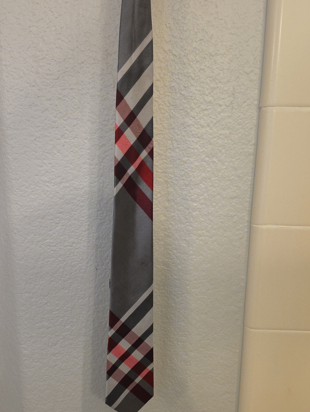 Express Grey Tie with Red and White Plaid Accents